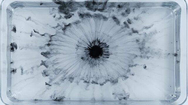 Overhead view of black ink spreading and dissolving in clear water