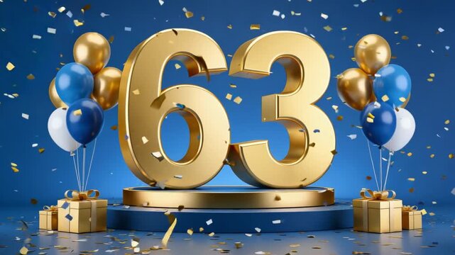 Shiny Golden Number 63 on Luxury Podium with Falling Confetti on Blue Background 3D Render Loop. Ideal for Anniversaries, Birthdays, and Countdown Celebrations.