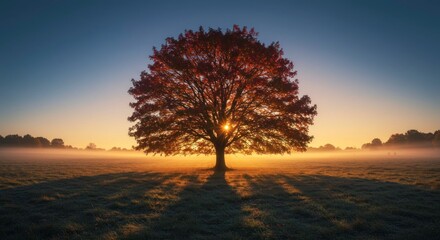 A majestic tree stands alone in a frosty field at sunrise