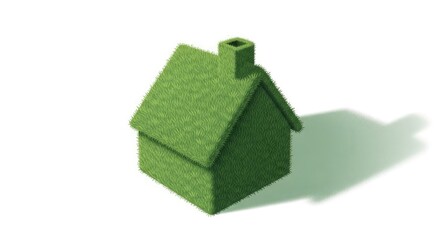 A small green house with a chimney on a white background