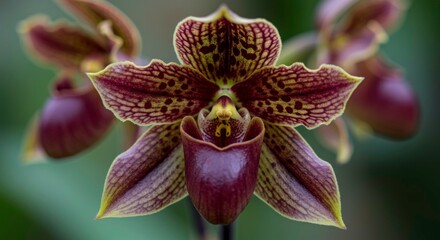 A close-up photograph of a purple and green orchid with a blurred background