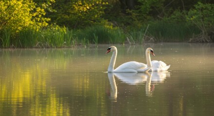Two white swans glide on calm water with greenery in background