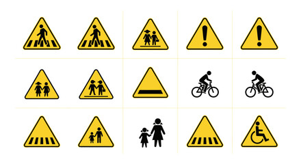 Collection of warning signs for pedestrians and cyclists displayed on a grid, indicating caution and safety measures, illustrated in a graphic style