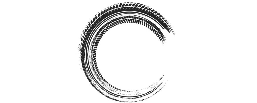 Black tire marks on road, Black rubber tire marks and tread marks, Tire trace track wheels texture and background, Auto tire tread grunge, Car wheel tyre tread track black tyre print, Top view.