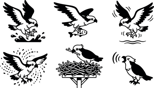Tattoo flash vector set of six osprey icons showing diving clutching fish nest calling talons bold black line art