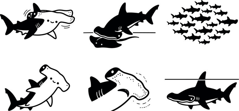 Flat design hammerhead shark icon set showing various poses including surface profile and schooling silhouettes in black simple vector illustrations