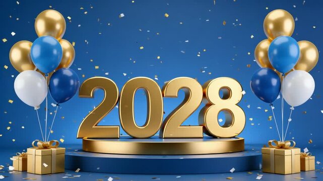 3D Render of Golden Number 2028 on Podium with Blue and Gold Balloons and Falling Confetti. Luxury New Year Celebration Background with Gift Boxes on Blue Floor.