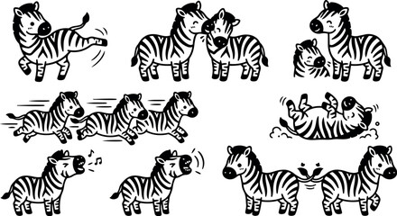 Fototapeta premium Whimsical kids doodle zebra character set showing playful poses running rolling nuzzling and kicking in black and white vector line art