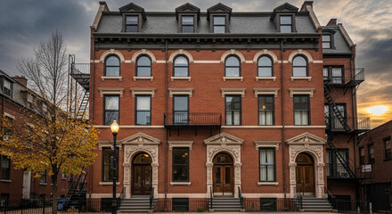 Fototapeta premium Large red brick building with multiple entrances and fire escapes at sunrise or sunset