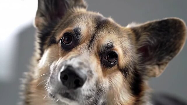 Close up portrait of a cute Pembroke Welsh Corgi dog with a curious head tilt