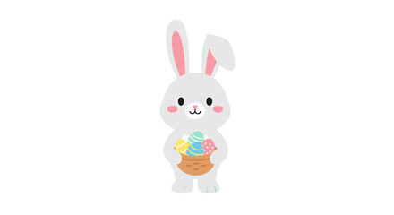 Fototapeta premium Cartoon rabbit proudly holds a bright Easter basket brimming with colorful eggs, centered in a clean white backdrop, festive illustration viewed frontal