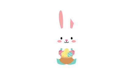 Obraz premium Cheerful cartoon Easter bunny holds a multicolored egg in a minimal white setting, viewed frontally as a playful digital illustration of the holiday.
