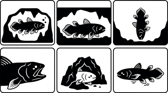 Silhouette vector fish icon set showing cave dwelling fish in multiple poses side view top view black and white illustration