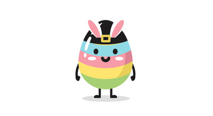 Fototapeta premium Easter Egg Character Struts in a Black Top Hat, Bunny Ears, Smiling, Against White Background – Colorful Cartoon Egg Centered in Portrait View