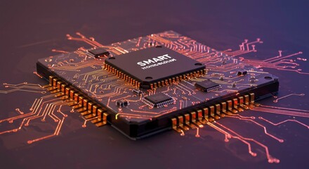 A microchip with gold pins on a circuit board against a dark background