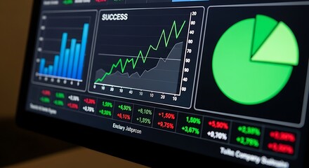 Close-up of a computer screen displaying financial data graphs, charts, and figures