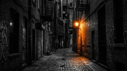 Fototapeta premium Dark Alleyway with Glowing Light Illuminating the Cobblestone Path.