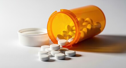 An orange prescription bottle lying on its side with pills spilling out