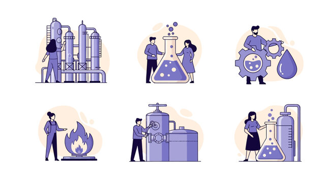 Six vignettes illustrating chemical engineering processes with people interacting with equipment