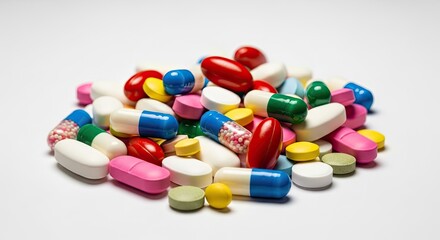 A pile of assorted colorful pills and capsules on a white background