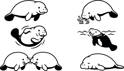 Line art playful manatee characters showing swimming rolling kissing grazing and sleeping set of cute black and white vector stickers