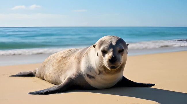 Australian sea lion lounging serenely on the sandy beach by the turquoise ocean