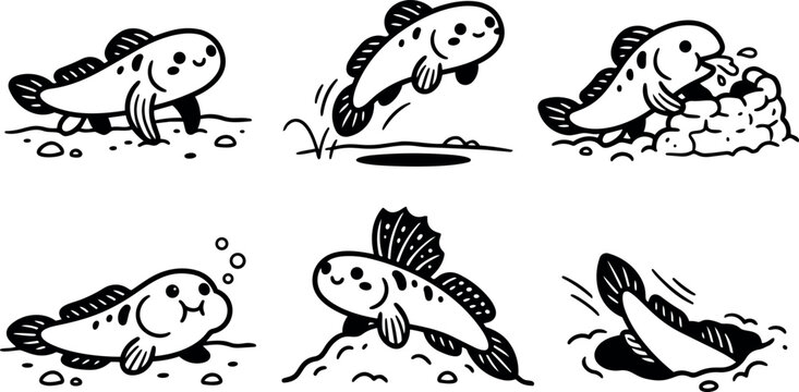 Line art whimsical mudskipper character set showing six playful poses on white background cute side view close up with bold ink strokes