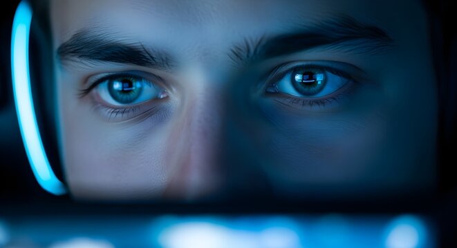man's eyes looking at screen with blue light