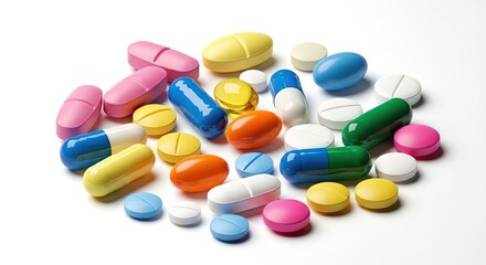 A colorful assortment of various pills and capsules on a white background