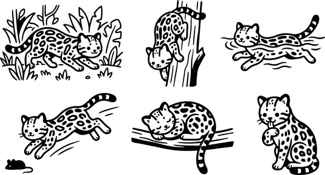 Whimsical kids doodle showing six playful spotted kitten poses climbing tree, pouncing on mouse, swimming, sleeping, grooming black line art