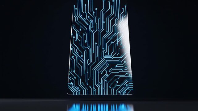 Abstract illustration of a beaker filled with glowing circuit board design
