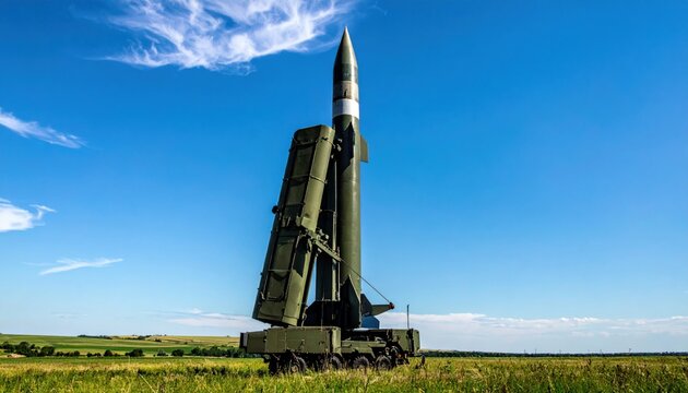 A colossal unfired ballistic missile stands ready on a mobile launcher in a grassy field under a clear blue sky