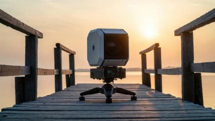 Compact reconnaissance camera system set up on a wooden dock overlooking a serene lake at sunset