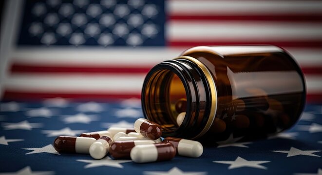 American pharmaceutical scene with pills and flag