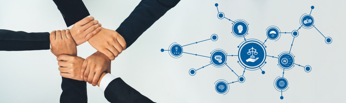 A visually striking image showcasing hands coming together symbolizes collaboration and ethics in business. Icons illustrate key concepts such as justice and accountability. Amity
