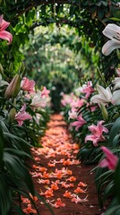 A stunning flower-filled garden pathway lined with vibrant lilies and orchids, surrounded by lush greenery under a glass-roofed conservatory.