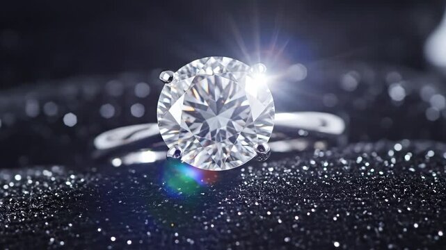 Diamond solitaire ring sparkling with light flare on dark glitter background for luxury jewelry content