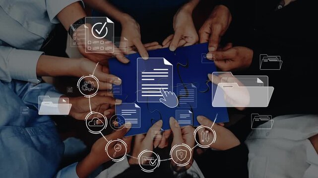 A diverse team collaborates on document management, combining physical interaction with digital icons to symbolize workflow efficiency and project organization. Raster