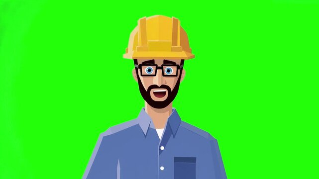 A 2D flat-style animation of a builder in a yellow hard hat and blue shirt articulating speech. Isolated on a chroma key green background, this asset is perfect for educational tutorials, safety brief