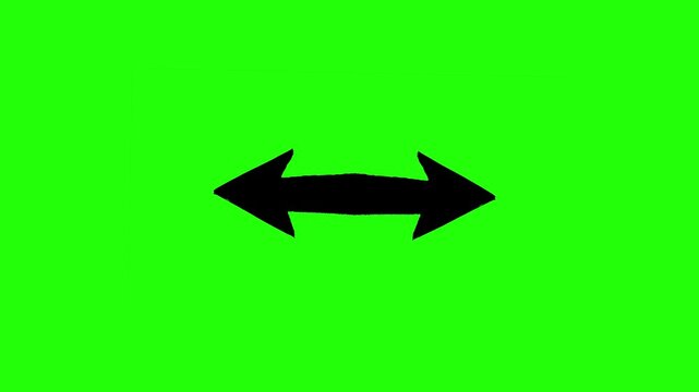 A simple black horizontal arrow pointing in both directions. Isolated on a chroma key green screen background, this graphic is perfect for indicating movement, resizing, or bidirectional flow in video