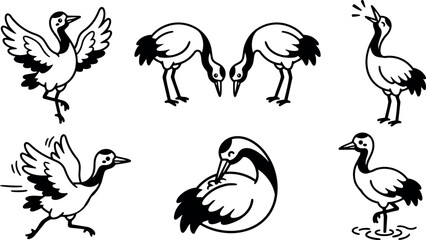 Fototapeta premium Line art close up set of six graceful crane bird poses dancing preening calling and wading in simple black white vector