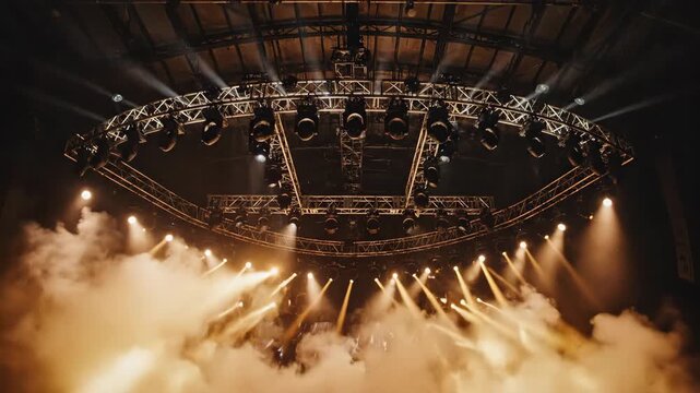 Empty concert stage with dramatic spotlights and fog machines glowing in dark arena for live music and event content
