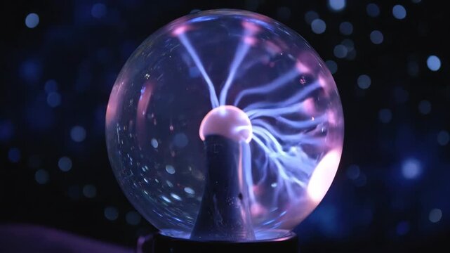 Plasma ball glowing and pulsing with electric tendrils on dark background for science and technology content