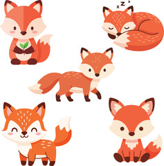Fototapeta premium Cute Fox Cartoon Collection Illustration, Adorable Baby Fox Characters in Different Poses Vector for Kids Storybook, Nursery Decoration, Animal Stickers and Children Illustration Design