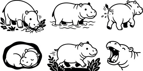 Fototapeta premium Line art hippo character set six poses grazing wading running yawning sleeping rear view in cute bold outline style