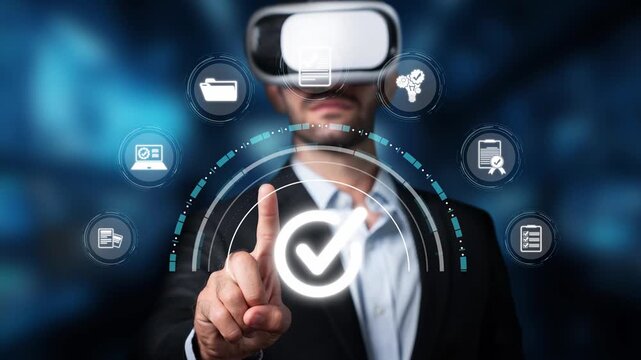 A businessman explores virtual reality in a modern office, showcasing technology at the forefront of innovation. Cloud icons symbolize digital connectivity and engagement. Raster