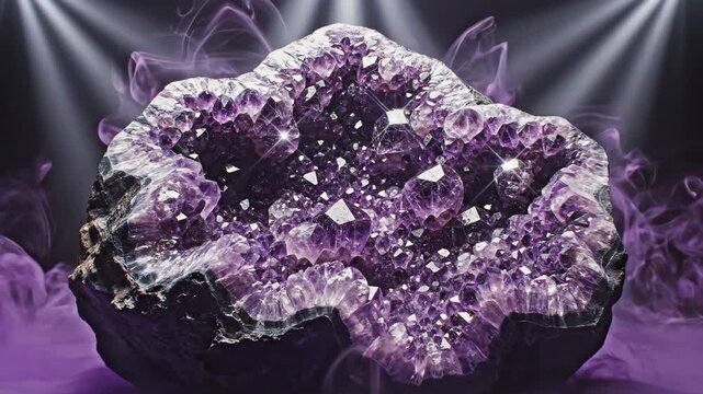 Amethyst crystal geode revealed through purple smoke in dramatic studio lighting for luxury and mineral content