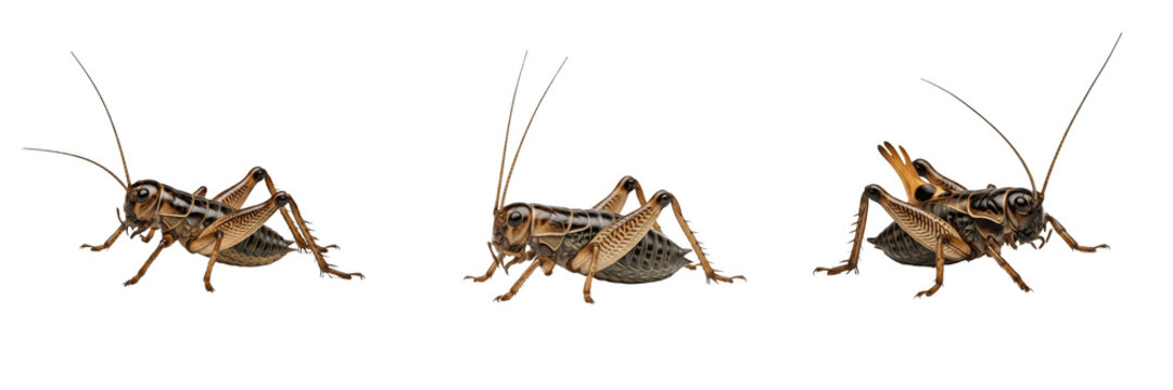 Common Field Crickets Gryllus Campestris Species Isolated on White Background, Detailed Macro Illustration of Chirping Insects for Biological Nature Study and Wildlife Graphic Design Assets