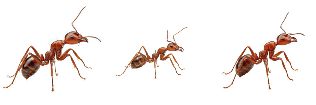 Common European Red Ants Myrmica Rubra Species Isolated on White Background, Detailed Macro Photography of Small Biting Garden Ants for Biological Nature Study and Wildlife Graphic Design