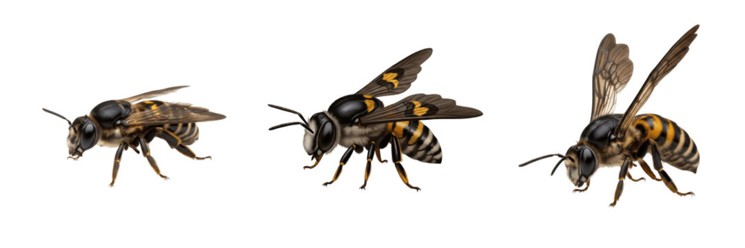 Common European Wool Carder Bees Anthidium Manicatum Species Isolated on White Background, Detailed Macro Illustration of Solitary Pollinating Insects for Biological Nature Study and Design Assets